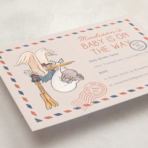 This is a navy baby shower invitations with standard by Claudia Orengo called disney's dumbo stork baby on the way printing on signature in standard
