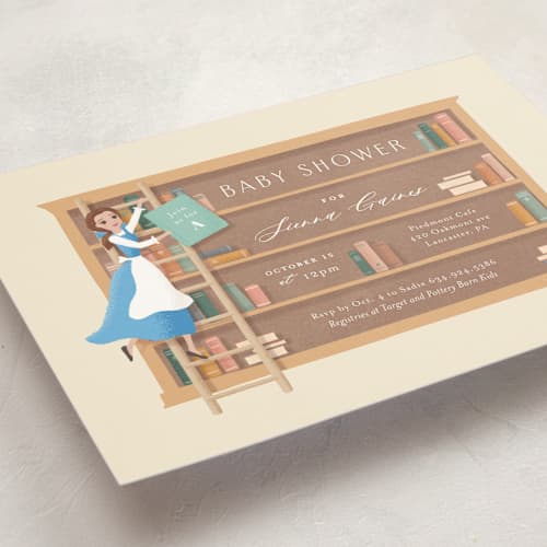 This is a hicory baby shower invitations with standard by Jennifer Wick called disney's belle's books printing on signature in standard