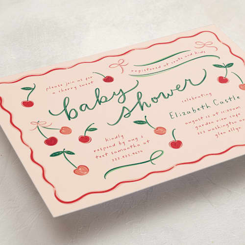 This is a cherry pie baby shower invitations with standard by Erin German called cherry sweet printing on signature in standard