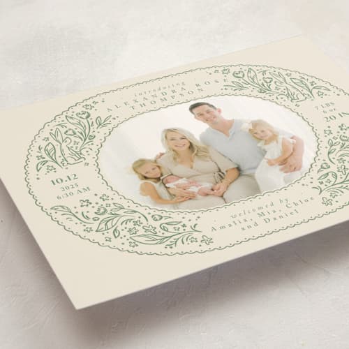 This is a sage birth announcements with standard by Anastasia Makarova called bunnies and flowers printing on signature in standard