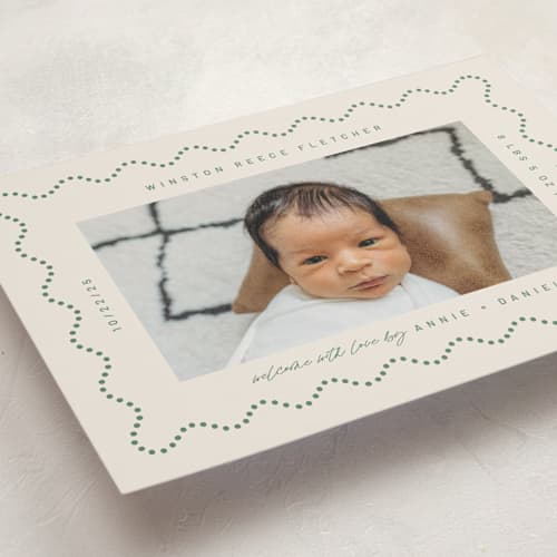 This is a moss birth announcements with standard by Kelly Watkins called squiggle: landscape printing on signature in standard