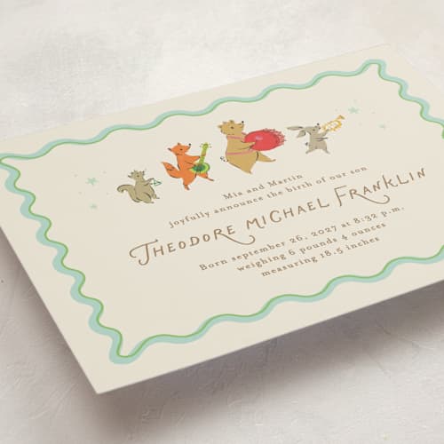 This is a sage birth announcements with standard by Jackie Crawford called woodland jamboree printing on signature in standard