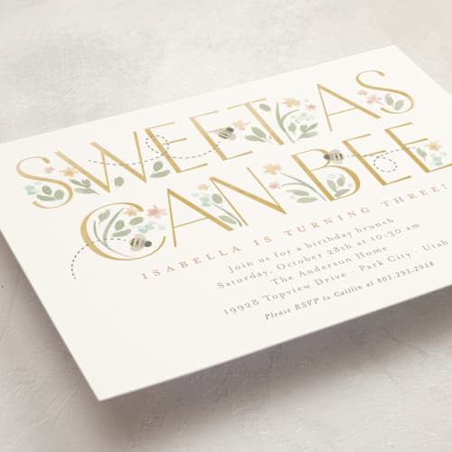 This is a linen kids birthday invitations with standard by Robert and Stella called sweet as can bee printing on signature in standard