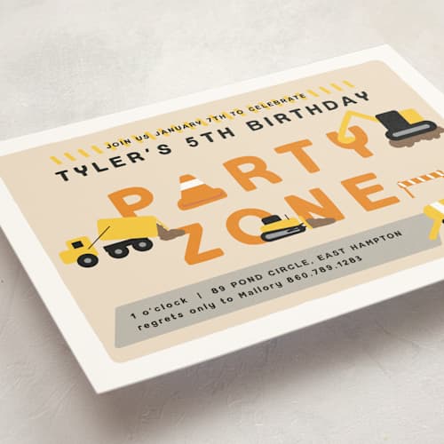 This is a lemon drop kids birthday invitations with standard by Nicole Senecal called party zone printing on signature in standard