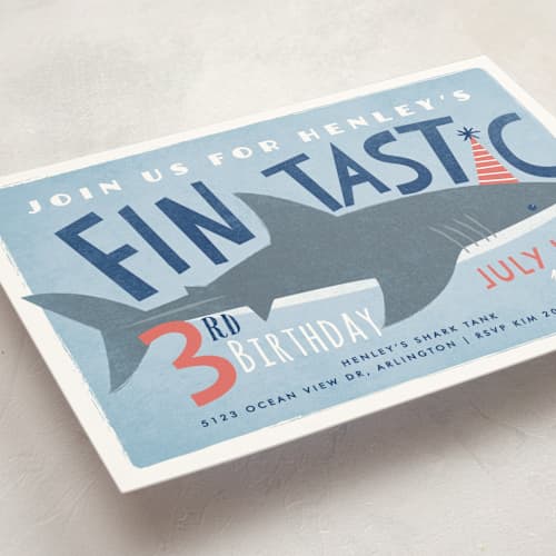 This is a sky kids birthday invitations with standard by Karidy Walker called shark tank printing on signature in standard