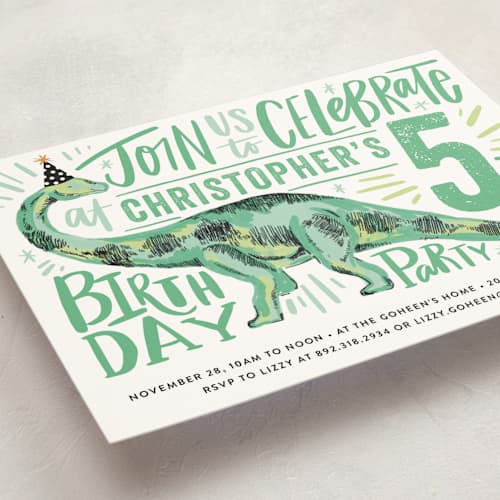 This is a fern kids birthday invitations with standard by Alethea and Ruth called dino party hat printing on signature in standard