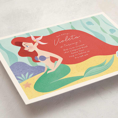 This is a aquamarine kids birthday invitations with standard by Sabrin Deirani called disney's ariel under the sea printing on signature in standard