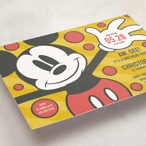This is a sunshine kids birthday invitations with standard by Heather Schertzer called disney mickey mouse aw, gee! printing on signature in standard