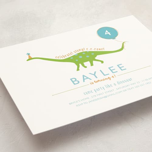 This is a lake kids birthday invitations with standard by freckle fish called party like a dinosaur printing on signature in standard