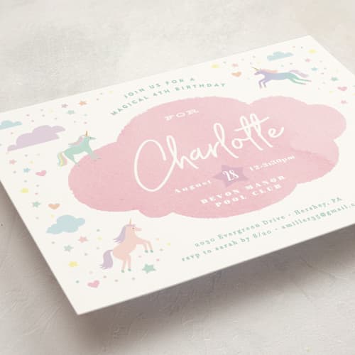 This is a bubblegum kids birthday invitations with standard by Jennifer Wick called unicorn dreams printing on signature in standard