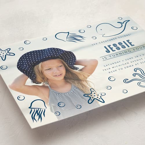 This is a ocean kids birthday invitations with standard by Lehan Veenker called aquatic doodles printing on signature in standard