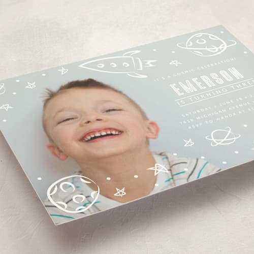 This is a ivory kids birthday invitations with standard by Lehan Veenker called cosmic doodles printing on signature in standard