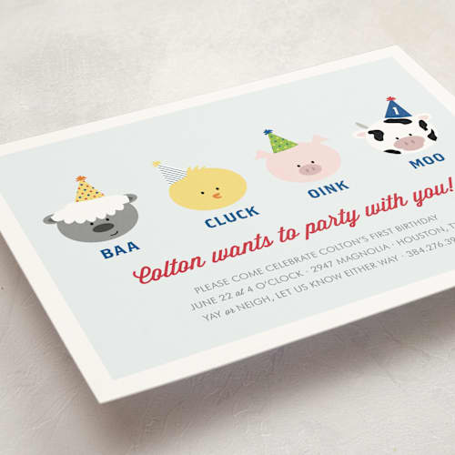 This is a sky blue kids birthday invitations with standard by Leslie Ann Jones called barnyard crew printing on signature in standard