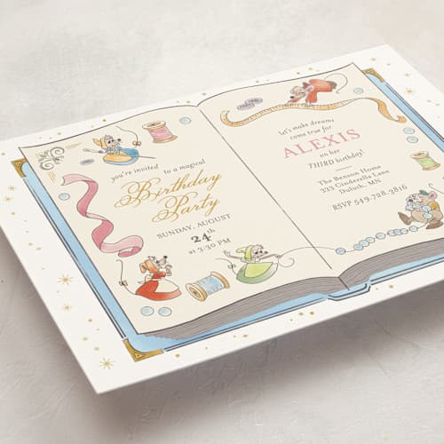 This is a teal kids birthday invitations with standard by Three Wings North called cinderella storybook birthday printing on signature in standard