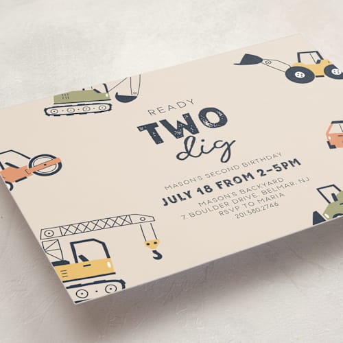 This is a mint kids birthday invitations with standard by Britt called ready two dig printing on signature in standard