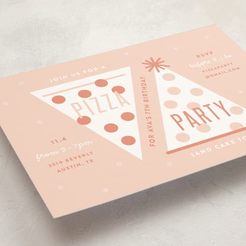 This is a coral kids birthday invitations with standard by Lauren Chism called pizza party hat printing on signature in standard