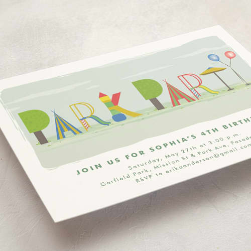 This is a carnival kids birthday invitations with standard by Tatiana Nogueiras called park party printing on signature in standard