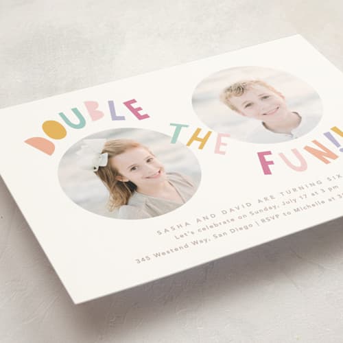 This is a sherbet kids birthday invitations with standard by Creo Study called double the fun printing on signature in standard