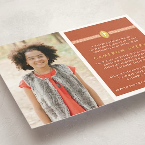 This is a terracotta confirmation invitations cards with standard by Dish and Spoon called ribbon & cross printing on signature in standard