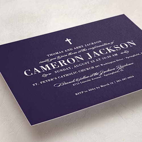 This is a marine confirmation invitations cards with standard by Sarah Brown called veracious printing on signature in standard