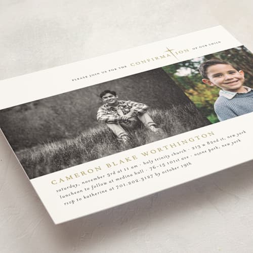 This is a mustard confirmation invitations cards with standard by fatfatin called simple faith printing on signature in standard