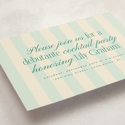 This is a teal debutante party invitations with standard by Ellen Schlegelmilch called debutante stripes printing on signature in standard