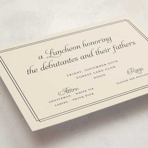 This is a cream debutante party invitations with standard by Ani Somi called calling card printing on signature in standard