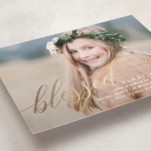 This is a snow confirmation invitations cards with foil pressed by Baumbirdy called blessed overlay printing on signature in standard