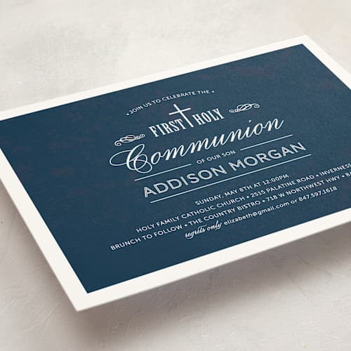 This is a navy communion invitations announcements with standard by Beth Schneider called stately cross printing on signature in standard