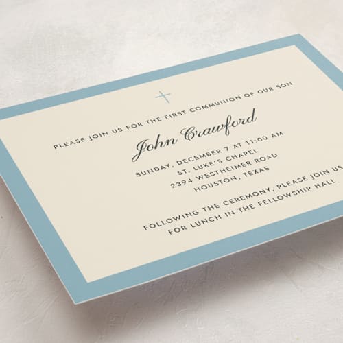 This is a french blue communion invitations announcements with standard by Megan Davis called chapel printing on signature in standard
