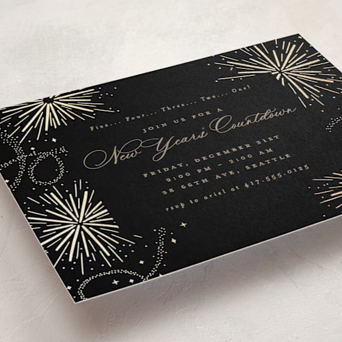 This is a eclipse holiday party invitations with foil pressed by Everett Paper Goods called firecracker delight printing on signature in standard