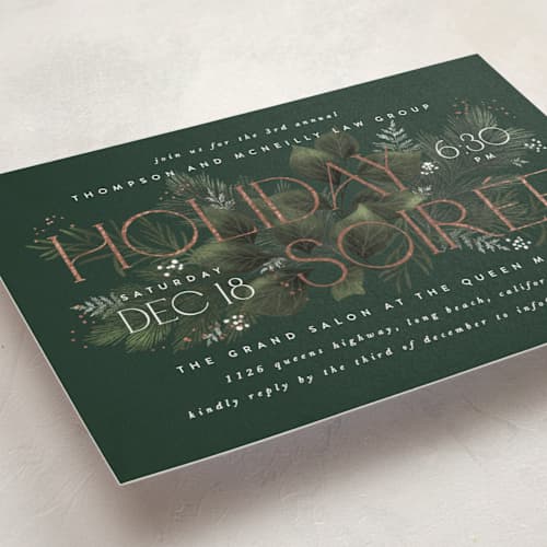 This is a evergreen holiday party invitations with foil pressed by Leah Bisch called tis the season printing on signature in standard