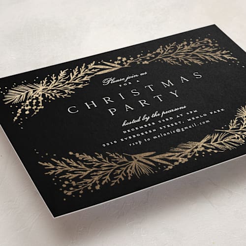 This is a midnight holiday party invitations with foil pressed by Amy Kross called spread cedars printing on signature in standard