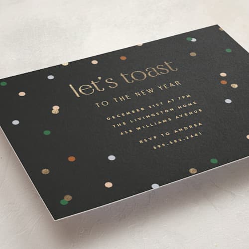 This is a midnight holiday party invitations with foil pressed by Ellen Schlegelmilch called let's toast printing on signature in standard