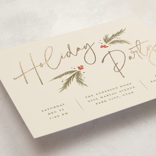 This is a cream holiday party invitations with foil pressed by Robert and Stella called holiday script printing on signature in standard
