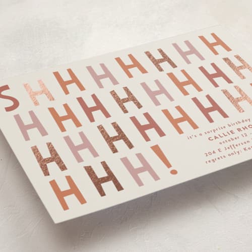 This is a caramel holiday party invitations with foil pressed by Gwen Bedat called shhhhhhhhh printing on signature in standard