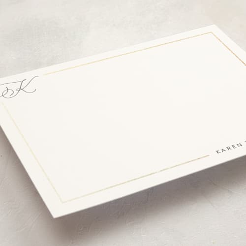 This is a porcelain personalized stationery thank you cards with foil pressed by Kristel called bordered printing on signature in 5x7