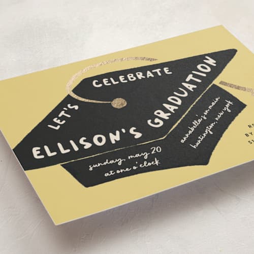 This is a citrus graduation invitations with foil pressed by Kristen Juckiewicz called caps off printing on signature in standard
