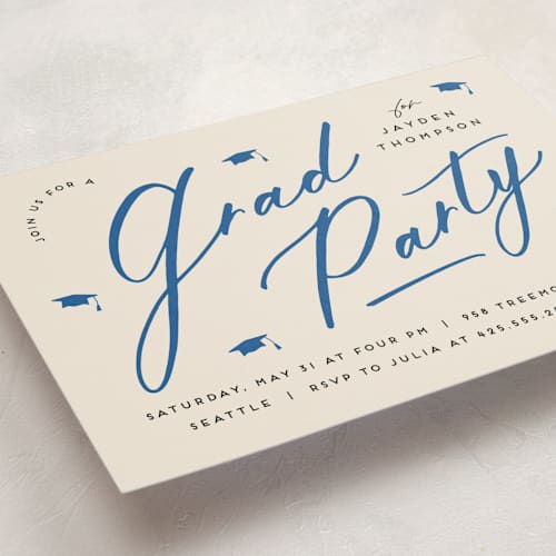 This is a azure graduation invitations with standard by Louise Kay called celebrate the grad printing on signature in standard