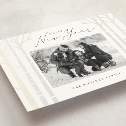 This is a snow gloss press holiday cards with gloss press by Brooke Chandler called birch trees printing on signature in standard