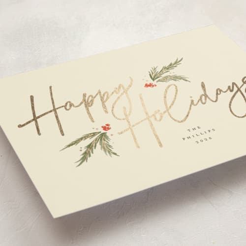 This is a eggnog foil pressed holiday cards with foil pressed by Robert and Stella called holiday script printing on signature in standard