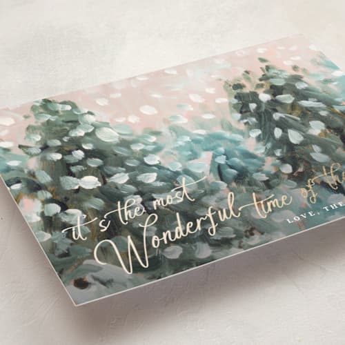 This is a snow foil pressed holiday cards with foil pressed by Lindsay Megahed called wonderful time printing on signature in standard