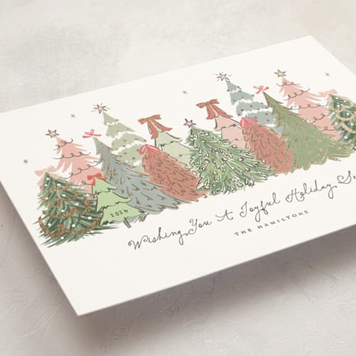 This is a festive foil pressed holiday cards with foil pressed by Anne Ciotola called the trees printing on signature in standard