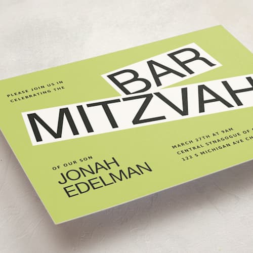 This is a lime bar mitzvah bat mitzvah invitations with standard by Inkblot Design called decal printing on signature in standard