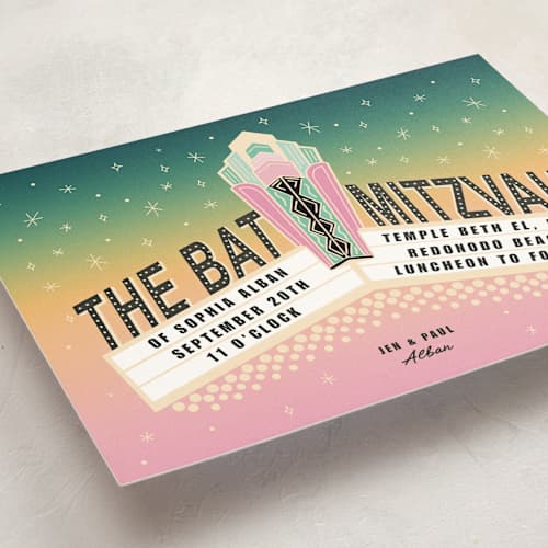 This is a peony bar mitzvah bat mitzvah invitations with standard by Becky Nimoy called bat mitzvah theatre marquee printing on signature in standard