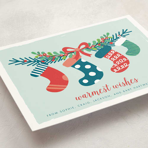 This is a frost pregnancy announcements with standard by Shirley Lin Schneider called holiday stockings printing on signature in standard