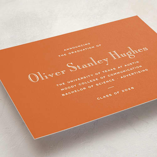 This is a burnt orange graduation announcements with standard by Megan Davis called campus printing on signature in standard