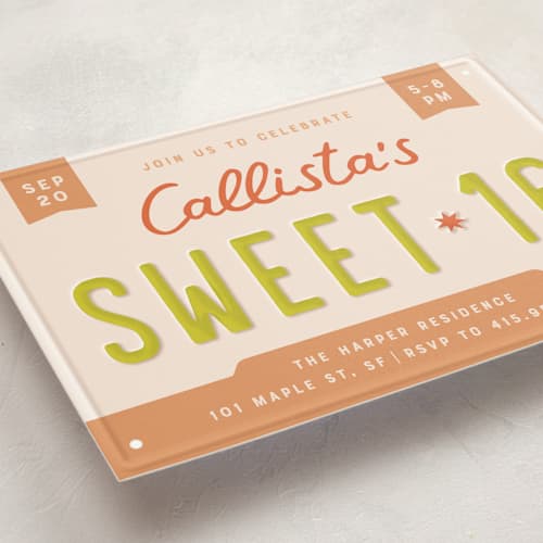 This is a citrus sweet sixteen birthday party invitations with standard by taylorVdesign called license plate printing on signature in standard