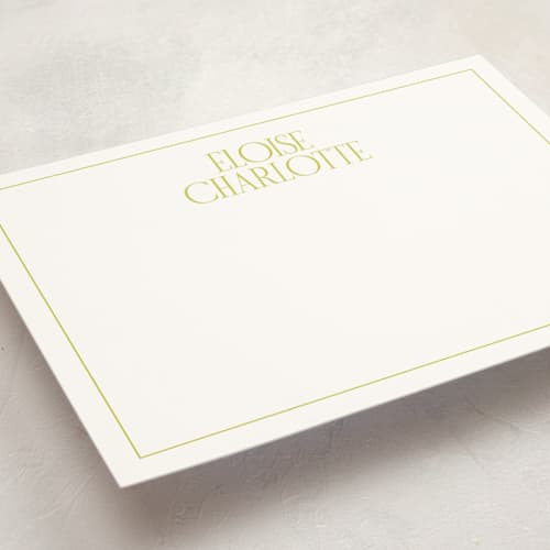 This is a lime personalized stationery thank you cards with standard by Ellen Schlegelmilch called elegant serif printing on signature in 5x7