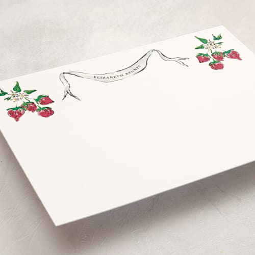 This is a strawberry personalized stationery thank you cards with standard by Jill Delavan called strawberry queen printing on signature in 5x7